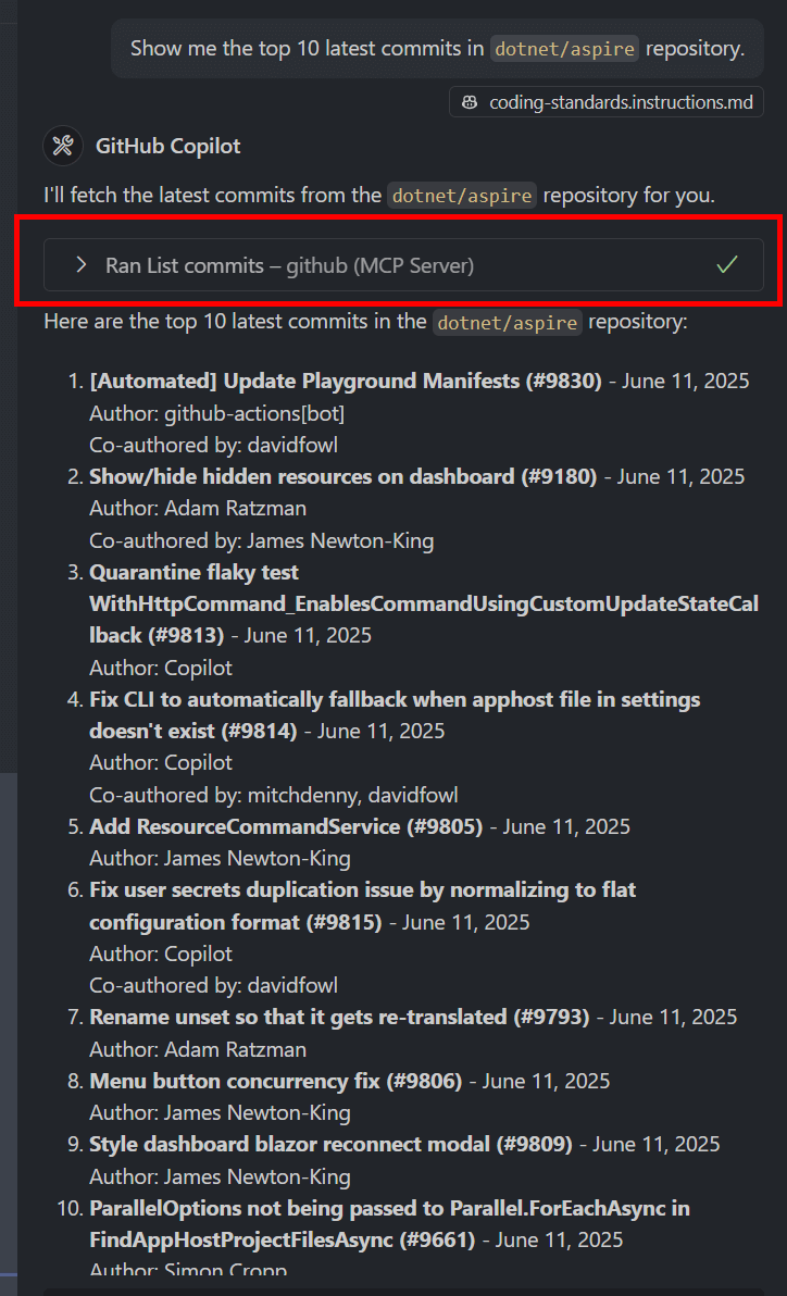 GitHub Copilot List Commits Response